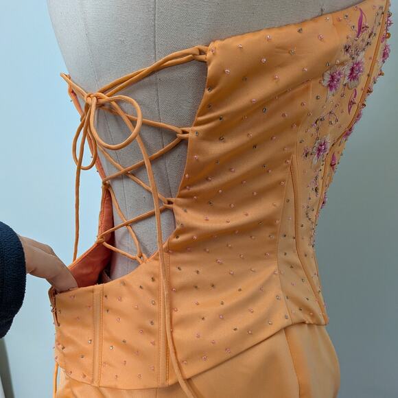 Y2K Prom Dress Maxi Gown 10 Orange Corset Vintage Glam Floral Mermaid Strapless - Picture 6 of 11